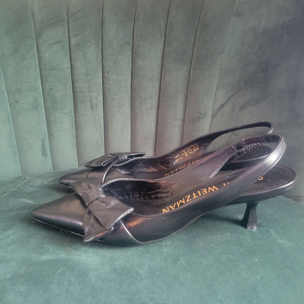 Stuart Weitzman Black Leather Sofia 50 Slingback Pumps Kitten Heels Bow Womens 5